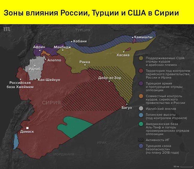 Зоны влияния России, Турции и США в Сирии