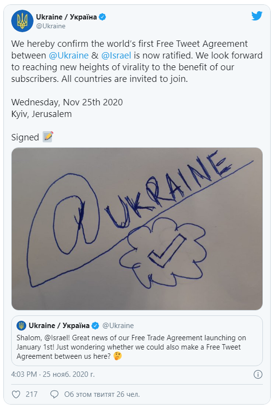 Украина и Израиль шуточное соглашение о сотрудничестве в соцсетях